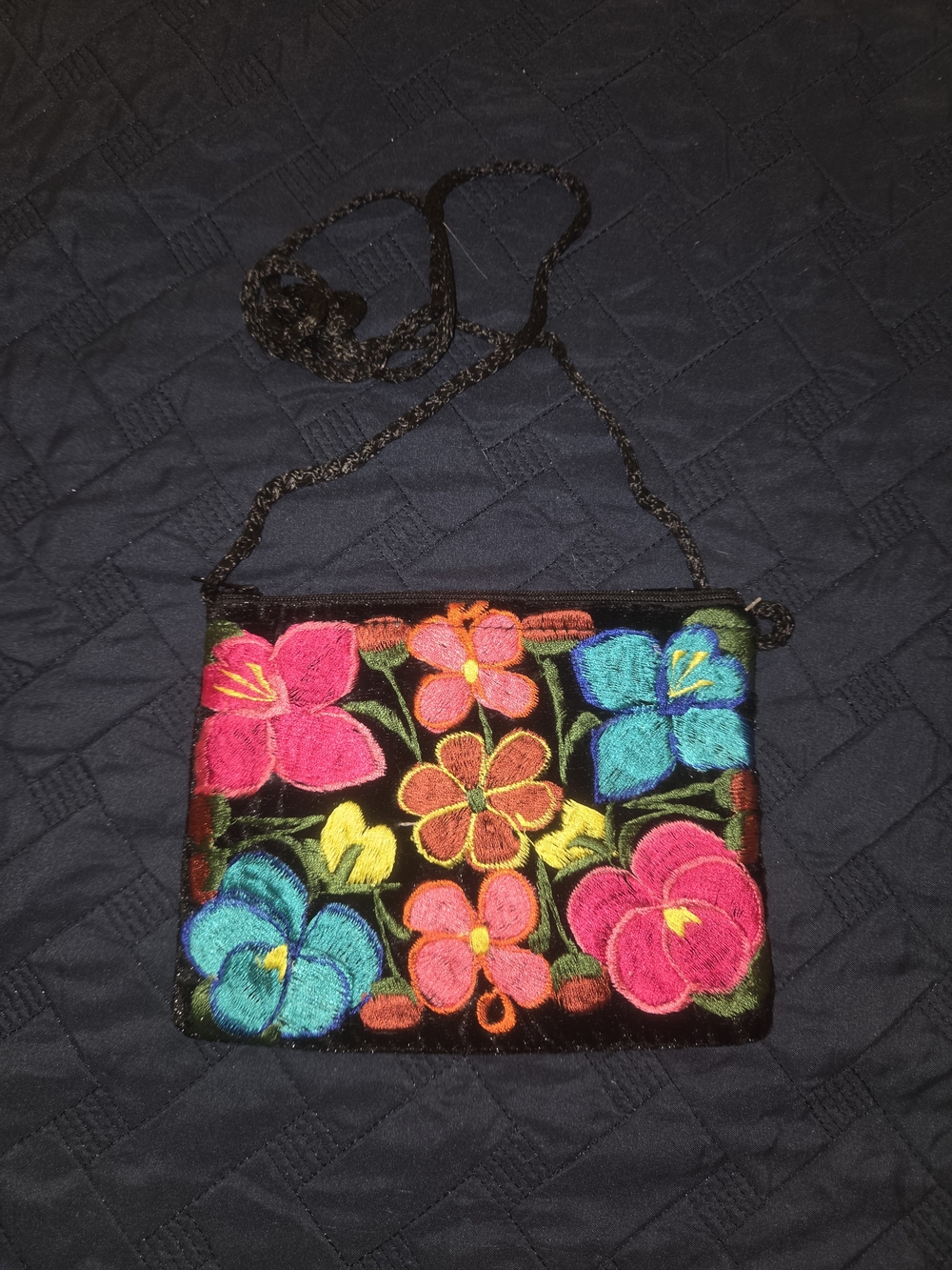 Embroidered Floral Crossbody Bag - Black with Multicolor Flowers